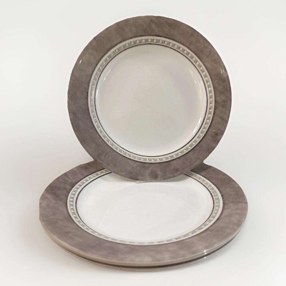 4 Corelle Pewter Luncheon Salad Plates 8.5" Vitrelle Glass Grey Brown Band USA